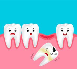 Cute cartoon missing tooth. Dental cartoon character. Dental care concept. Illustration isolated on blue background.