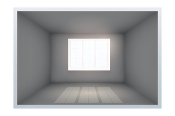 Example of an empty dark room with black walls and window. Simple interior without furnish and furniture. Sunlight falls from the window to the floor. Vector.