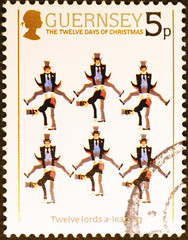 Twelve days of Christmas, 12 lords a-leaping on postage stamp of Guernsey