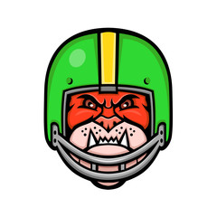 Sports mascot icon illustration of head of a bulldog wearing an American football or gridiron helmet viewed from front on isolated background in retro style.