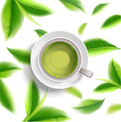green tea cup brochure, banner,  leaves vector.