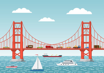 Vector illustration. Landscape with a bridge, cars and ships. Flat style.