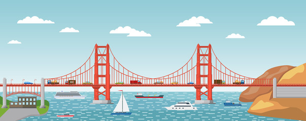 Vector illustration. Landscape of Golden Gate Bridge. Symbol of America.