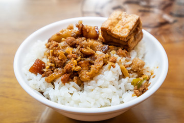 Taiwan famous food - Braised pork and fried tofu on rice. Soy-stewed pork rice, Taiwan Delicacies, Taiwan Street Food