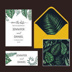 Fototapeta na wymiar Template for wedding invitation. Illustration with exotic leaves.