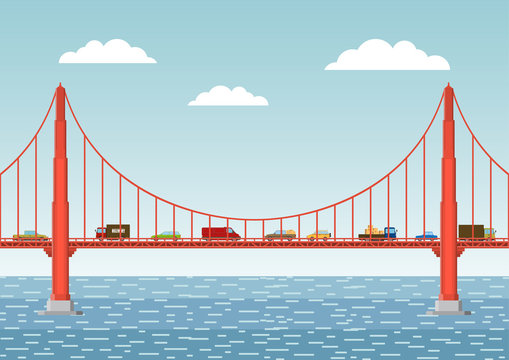 Vector illustration. Landscape with a bridge and cars. Flat style.