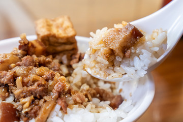 Taiwan famous food - Braised pork and fried tofu on rice. Soy-stewed pork rice, Taiwan Delicacies, Taiwan Street Food