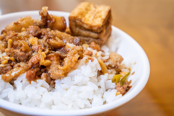 Taiwan famous food - Braised pork and fried tofu on rice. Soy-stewed pork rice, Taiwan Delicacies, Taiwan Street Food