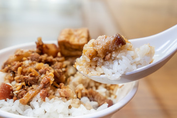 Taiwan famous food - Braised pork and fried tofu on rice. Soy-stewed pork rice, Taiwan Delicacies, Taiwan Street Food