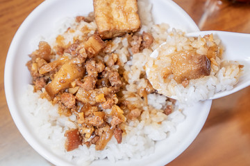Taiwan famous food - Braised pork and fried tofu on rice. Soy-stewed pork rice, Taiwan Delicacies, Taiwan Street Food