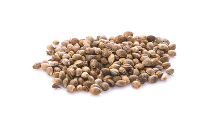 Heap of hemp seeds on white background