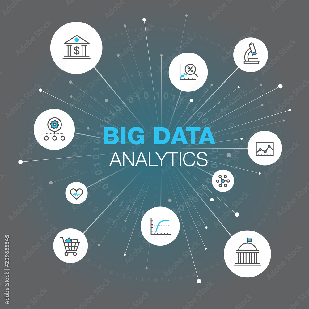 Poster abstract symbol for big data analytics with stroke icons, spots and grey-teal background. easy to us