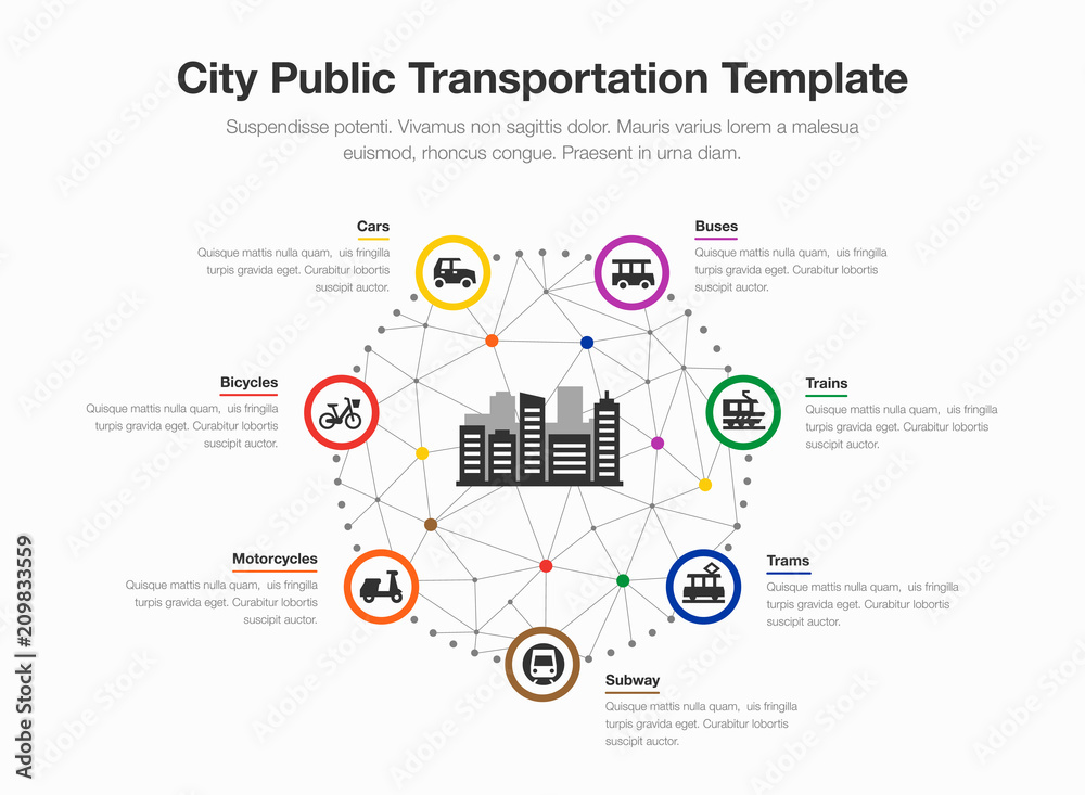 Aufkleber infographic for city public transportation with colorful circles, icons and a city symbol in the mid