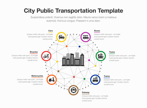 Infographic for city public transportation with colorful circles, icons and a city symbol in the middle isolated on light background. Easy to use for your website or presentation.