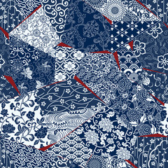 Papier peint de patchwork de tissu de style japonais, modèle sans couture de vecteur floral abstrait