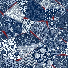 Cercles muraux Style japonais Papier peint de patchwork de tissu de style japonais, modèle sans couture de vecteur floral abstrait