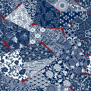 Japanese style fabric patchwork wallpaper, abstract floral vector  seamless pattern 