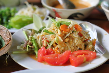 Papaya salad on table,National food of Thailand