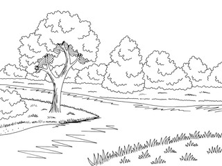 Forest river graphic black white landscape sketch illustration vector