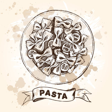 Farfalle pasta with cherry tomatoes. Dish of Italian cuisine. Ink hand drawn Vector illustration. Top view. Food element for menu design.
