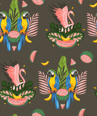 Hand drawn vector abstract cartoon summer time graphic decoration illustrations art seamless pattern with exotic tropical rainforest pink flamingo and Parrot Macaw birds isolated on black background