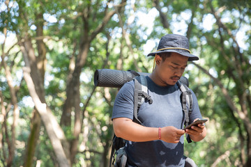 man using mobile phone in the forest