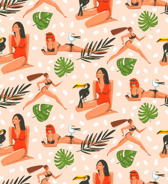 Hand drawn vector abstract graphic cartoon summer time flat illustrations seamless pattern with beauty sport girls,relaxing,running and sunbathing isolated on pastel background