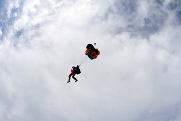 Obraz na płótnie Canvas Tandem skydiving. Parachute deployment.
