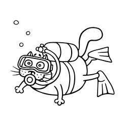 Cute diver cat dived with an aqualung. Vector illustration.