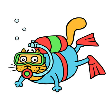 Cartoon cat with aqualung explores the depths of the sea. Vector illustration