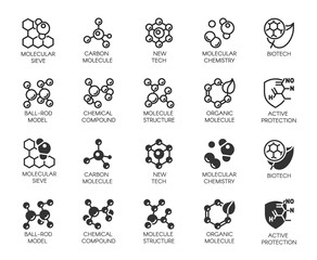 Set of molecule model buttons. Collection icons in line and glyph designs for scientific, chemistry, physical, medical, educational projects. Outline and black flat logos. Vector illustration isolated