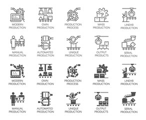 Set of of automatic and manual production buttons. Collection icons in line and glyph designs. Outline and black flat pictograms. Vector illustration isolated on white