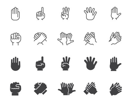 Set of hands gesticulation buttons. Collection icons in line and glyph designs. Handshake, applause, index finger, palm, high five.and other graphic symbols. Vector illustration isolated