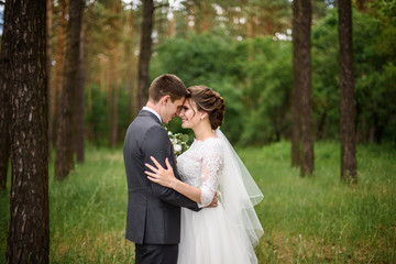 Just married Young romantic couple is hugging and kissing . Attractive woman in wedding dress and handsome man in suit are celebrating wedding day. Honeymoon.