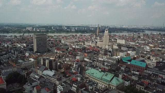 Aerial tilt up to Antwerp downtown 
