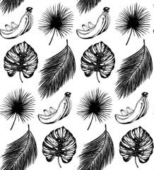 Tropical seamless pattern in vector.Exotic palm leaves and fruits background. Jungle foliage illustration. Hand sketch.