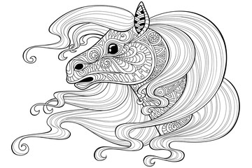 Horse with long hair.Tattoo or adult antistress coloring page. Black and white hand drawn doodle for coloring book
