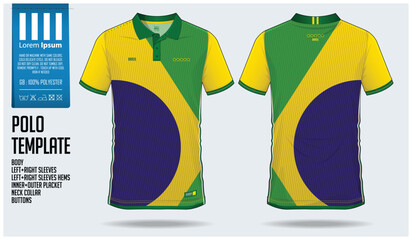 Fototapeta premium Brazil Team Polo t-shirt sport template design for soccer jersey, football kit or sportwear. Classic collar sport uniform in front view and back view. T-shirt mock up for sport club. Vector 