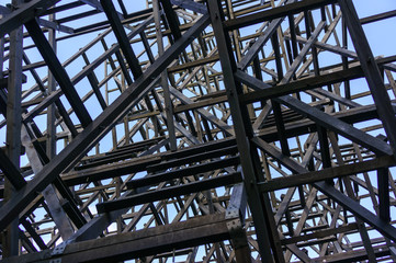 Fototapeta premium Abstract wooden Construction of art object in nikola lenivec park architectural background