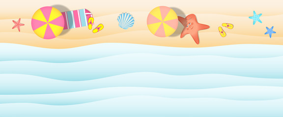 Templates on the summer theme for creating posters, leaflets, booklets. Top view of a beach with a sunbathing starfish.