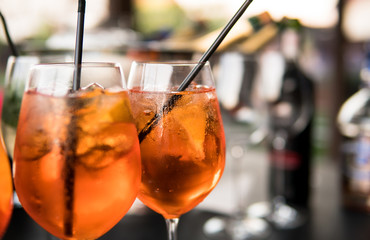 .process of preparation of a cocktail Aperol  spritz close-up.