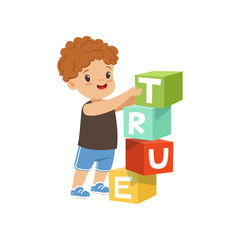 Cute boy stacking up cube tower forming a True word vector Illustration on a white background
