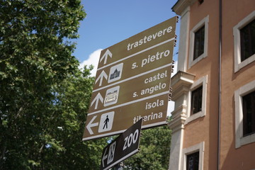 Obraz premium Italian signposts to Trastevere, Saint Peter cathedral, Castel Sant'Angelo, Tiber island and zoo