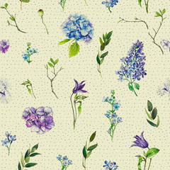 Multi-floral seamless pattern with different flowers. lllustration of a hydrangea, lilac, twigs and other flowers on a beige background.