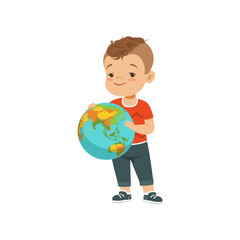 Cute little boy holding globe, kid protecting Earth planet vector Illustration on a white background