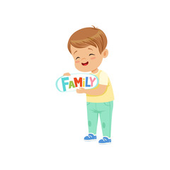 Cute happy little boy holding signboard with inscription Family vector Illustration on a white background