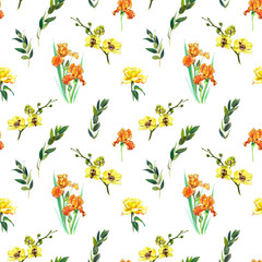 Floral seamless pattern with yellow orchid, orange iris and twigs. Art by markers. Imitation of watercolor drawing.