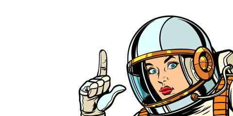 astronaut woman pointing finger up, isolate on white background © studiostoks
