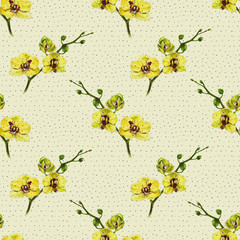 Floral seamless pattern with yellow orchid and twigs. Art by markers. Imitation of watercolor drawing.