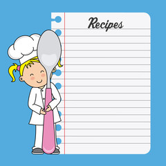 Chef girl with a spoon and blank sheet to write recipes